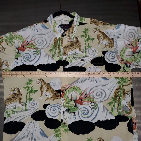 Vintage Y2K Phat Farm Shirt Tan Button Up All Over Print Tiger Dragon Mens XL - Picture 7 of 13